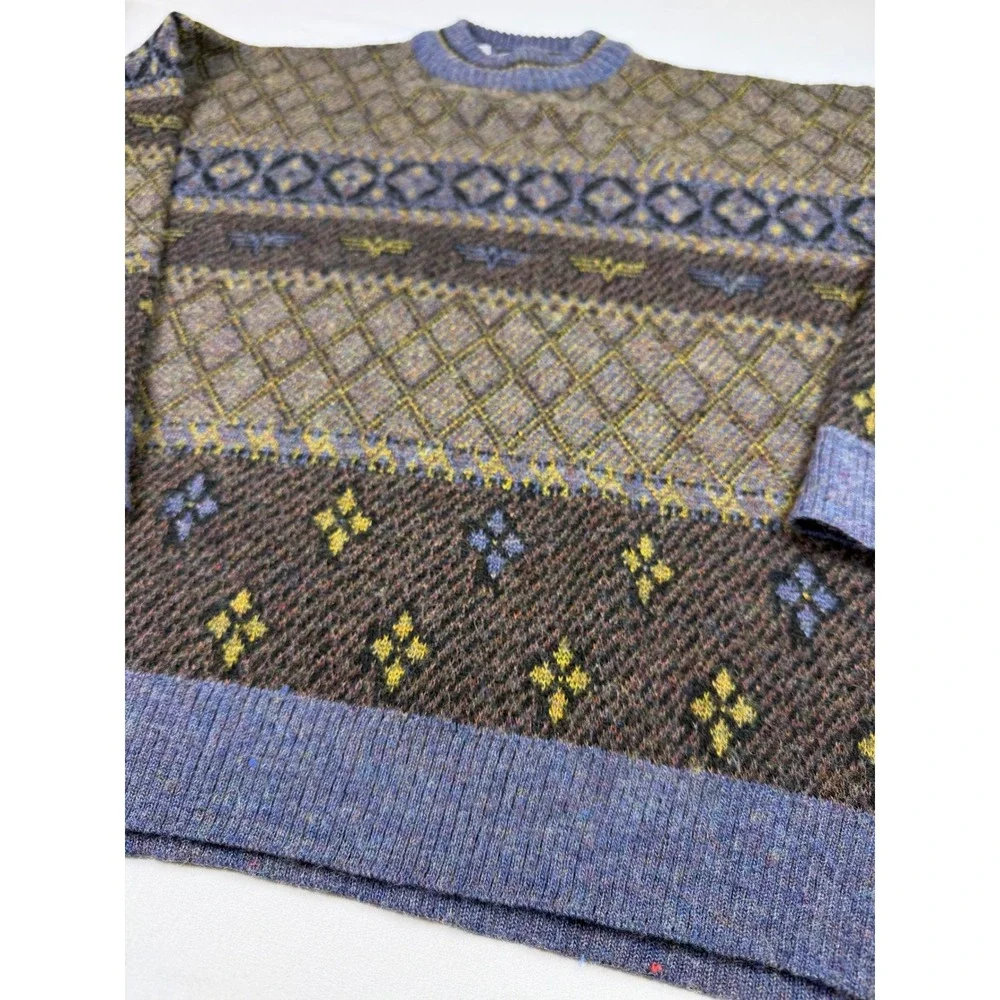 Peter England Vintage Wool Blend Sweater Grandpa Isle Italy Geometric Knit Men L